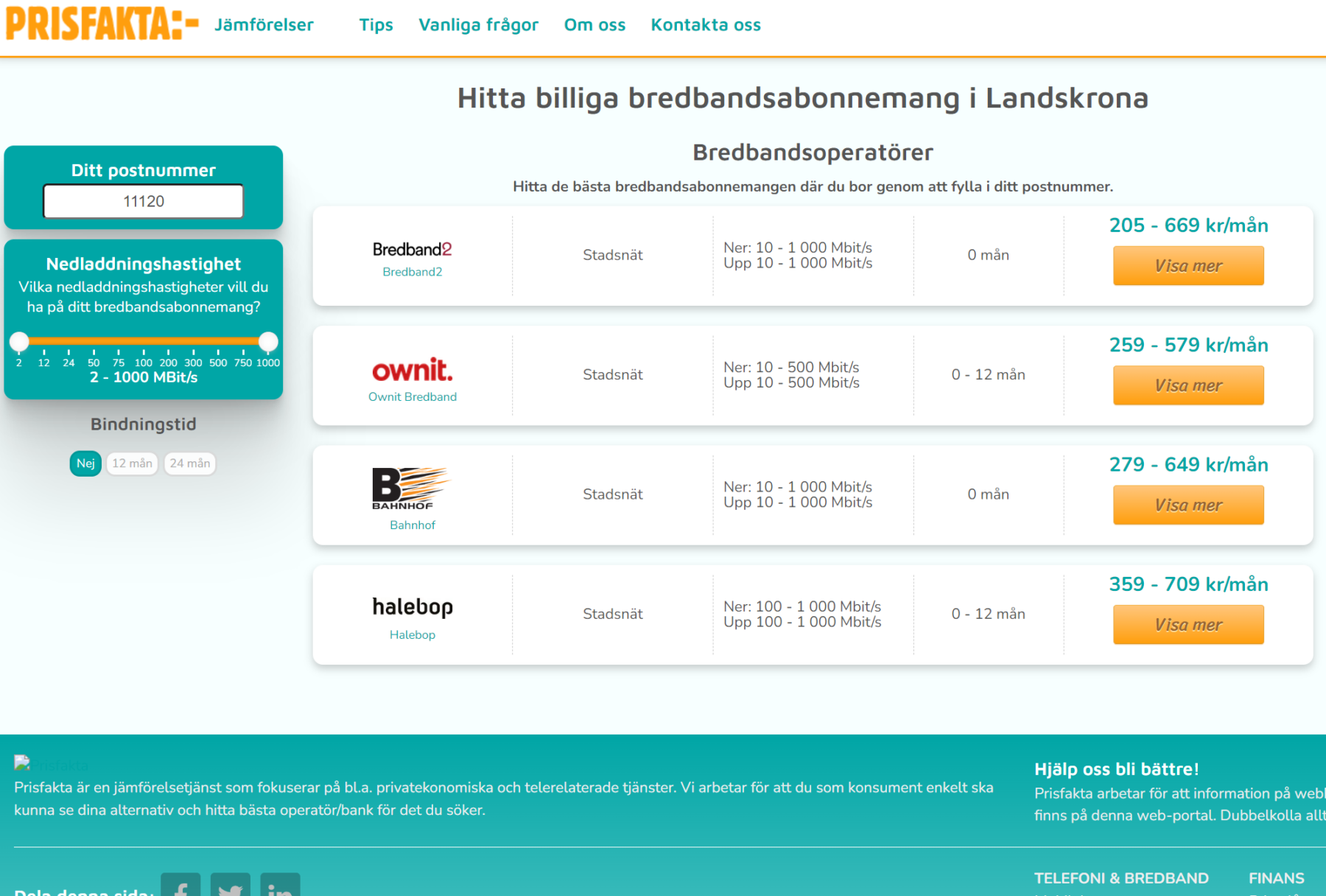 Skärmdump som visar prisfakta.se